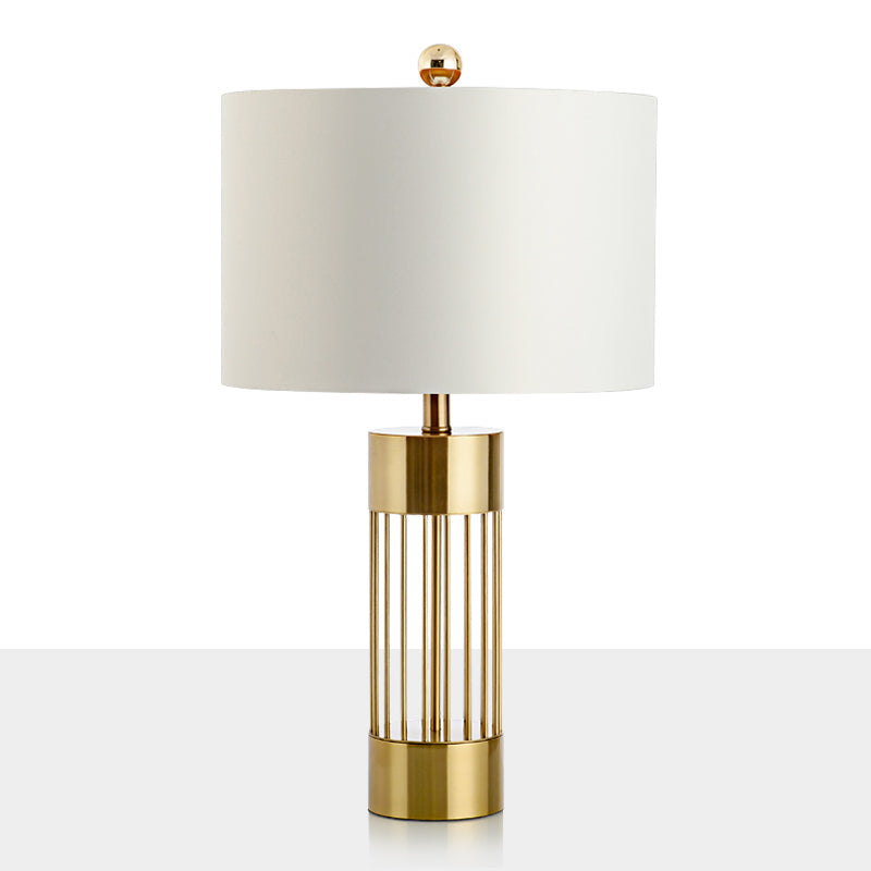 Contemporary Metallic Cylinder Table Light - Single-Bulb Bedside Lamp With White Drum Fabric Shade