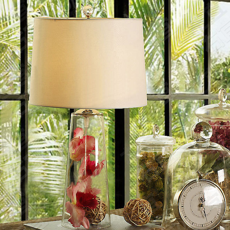 Modern Clear Handblown Glass Tapered Table Lamp With White Fabric Shade - Single Living Room