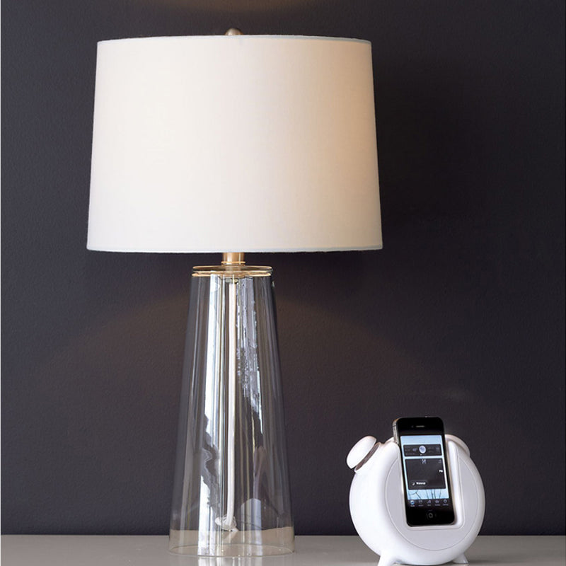 Modern Clear Handblown Glass Tapered Table Lamp With White Fabric Shade - Single Living Room