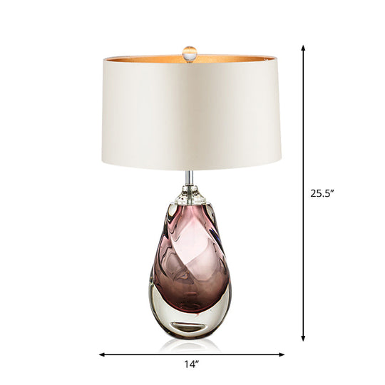 Handblown Glass Pear Living Room Table Lamp Modern White Nightstand Light With Fabric Drum Shade