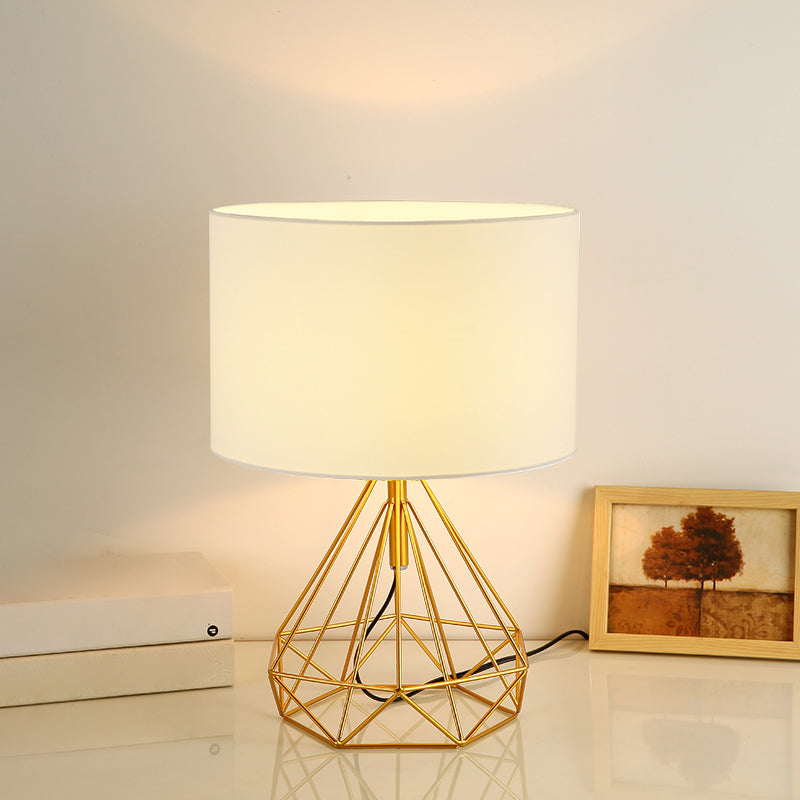 Diamond Cage Bedside Table Lamp - Metallic Finish Minimalist Design And Drum Fabric Shade