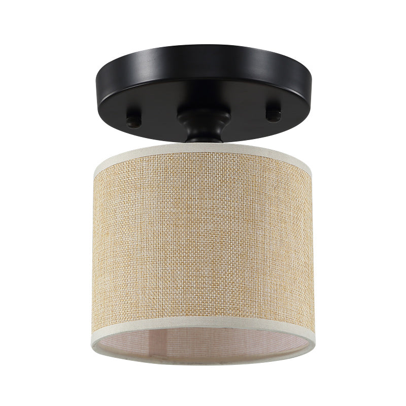 Beige Fabric Drum Semi-Flush Ceiling Light - Simple Single-Bulb Design