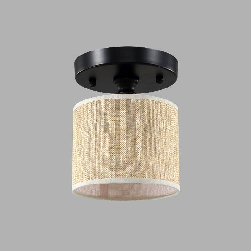 Beige Fabric Drum Semi-Flush Ceiling Light - Simple Single-Bulb Design