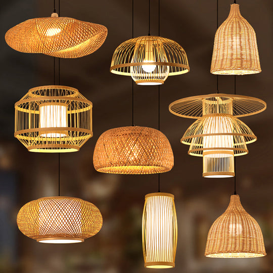 Handmade Asian Style Bamboo Ceiling Light Wood Fixture - Restaurant Hanging With 1 Bulb