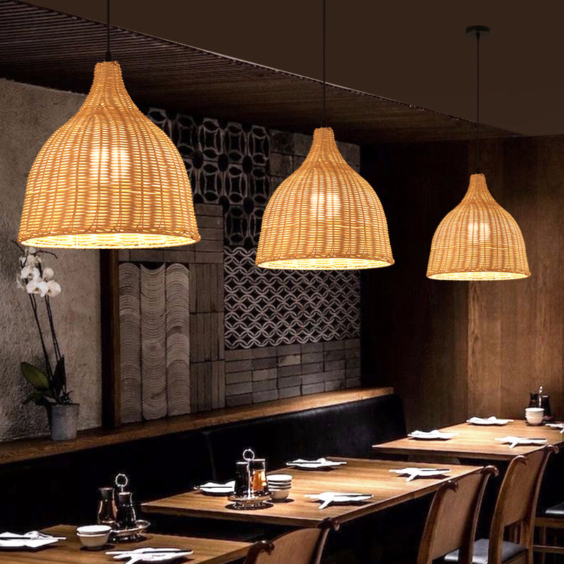 Handmade Asian Style Bamboo Ceiling Light Wood Fixture - Restaurant Hanging With 1 Bulb