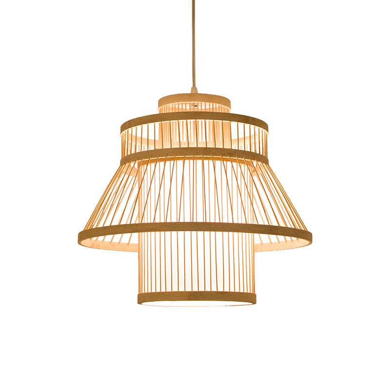 Bamboo Minimalist Pendant Ceiling Light With Tiered Suspension - Ideal For Restaurants (1-Head Wood