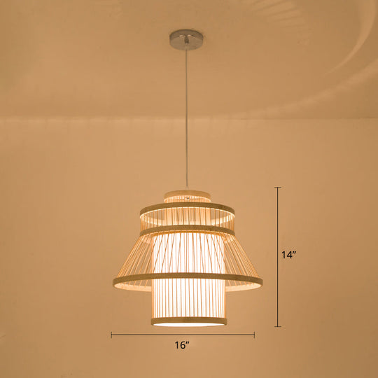 Bamboo Minimalist Pendant Ceiling Light With Tiered Suspension - Ideal For Restaurants (1-Head Wood