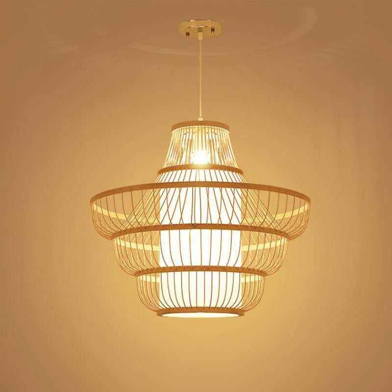 Modern Bamboo Lantern Pendant Light With Shaded Restaurant Ceiling Design - Wood