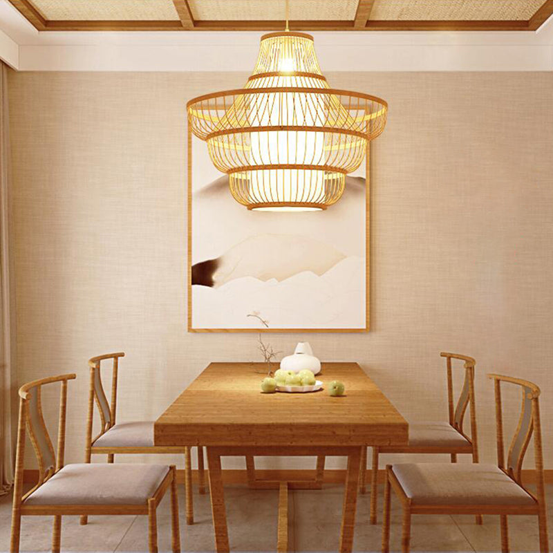 Modern Bamboo Lantern Pendant Light With Shaded Restaurant Ceiling Design - Wood