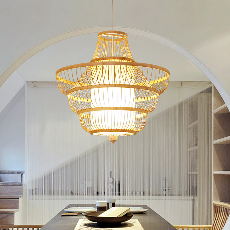 Contemporary Bamboo Pendant Light - Hot Pot-Shaped Single-Bulb Suspension Fixture Wood / 23.5