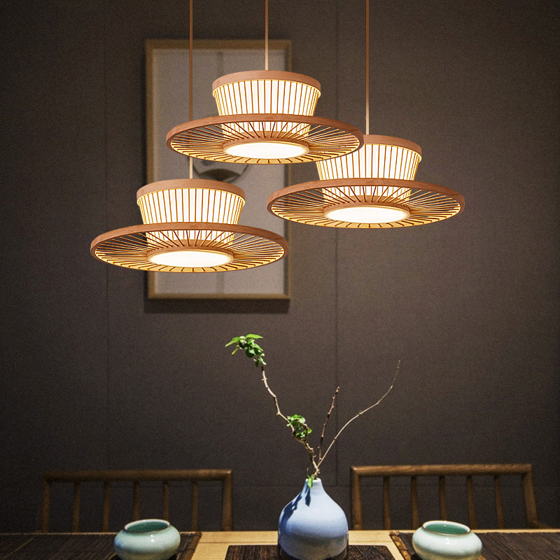 Asian Style Bamboo Circle Ceiling Light: Wooden Hanging Lamp For Tea Room With 1 Bulb