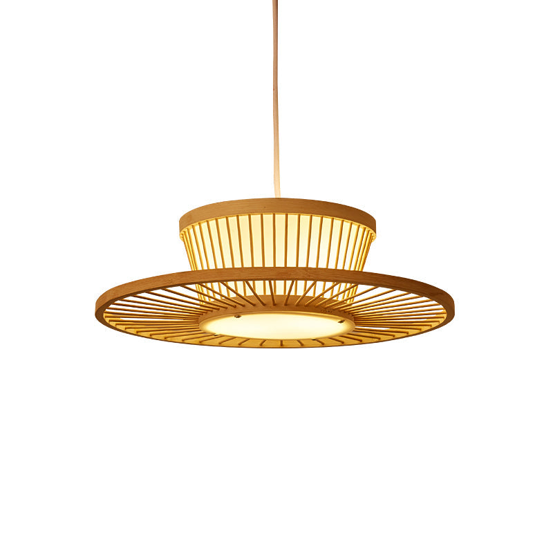 Asian Style Bamboo Circle Ceiling Light: Wooden Hanging Lamp For Tea Room With 1 Bulb