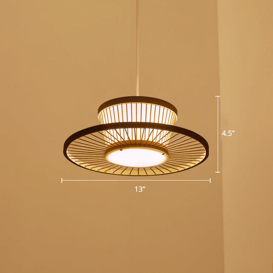 Asian Style Bamboo Circle Ceiling Light: Wooden Hanging Lamp For Tea Room With 1 Bulb