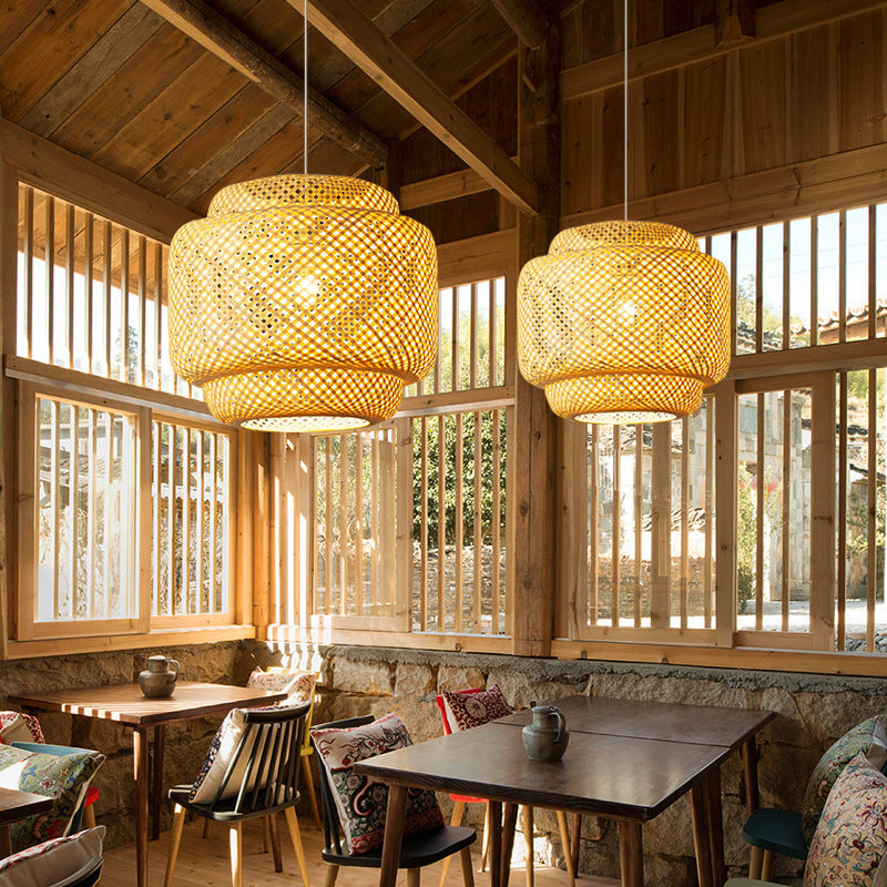 Modern Bamboo Ceiling Pendant Light - Single Hanging Fixture For Restaurants In Wood