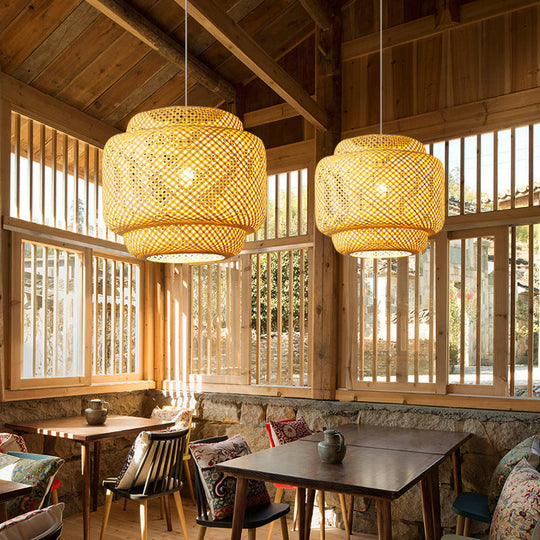 Modern Bamboo Ceiling Pendant Light - Single Hanging Fixture For Restaurants In Wood