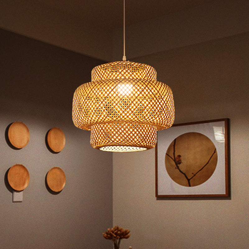 Contemporary Bamboo Pendant Light - Single-Bulb Suspension Fixture For Restaurants