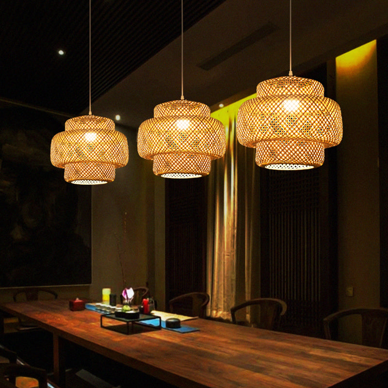 Contemporary Bamboo Pendant Light - Single-Bulb Suspension Fixture For Restaurants