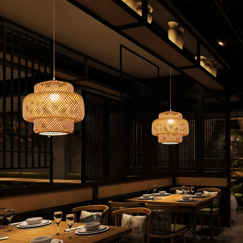 Contemporary Bamboo Pendant Light - Single-Bulb Suspension Fixture For Restaurants