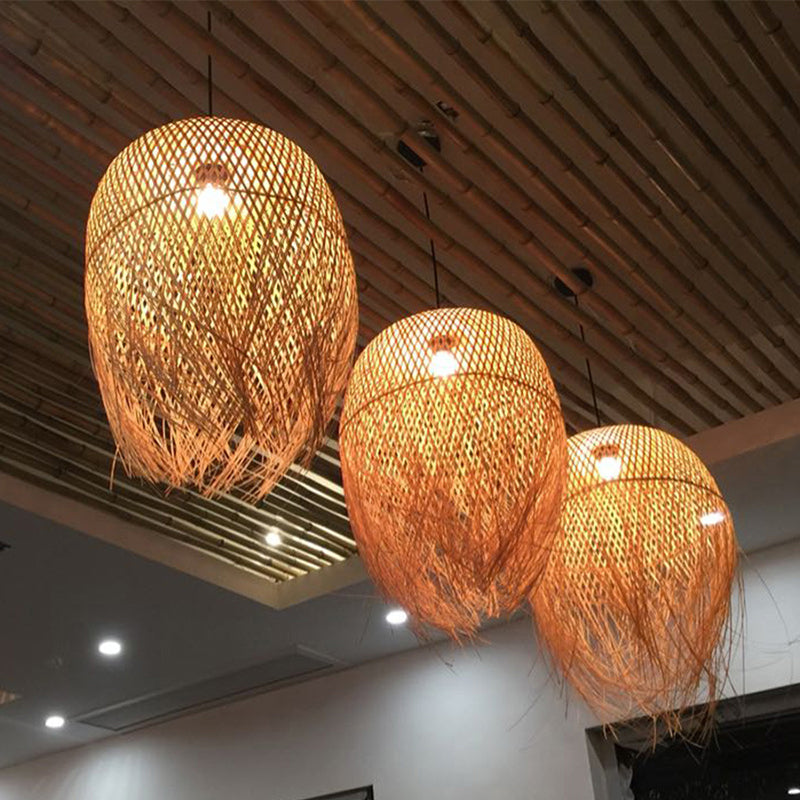 Asian Style Bamboo Fringed Bell Ceiling Light - Wood Hanging Lighting Fixture