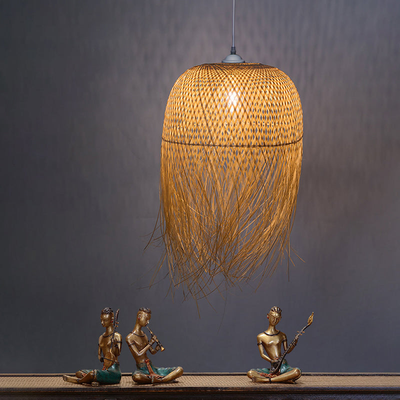 Asian Style Bamboo Fringed Bell Ceiling Light - Wood Hanging Lighting Fixture