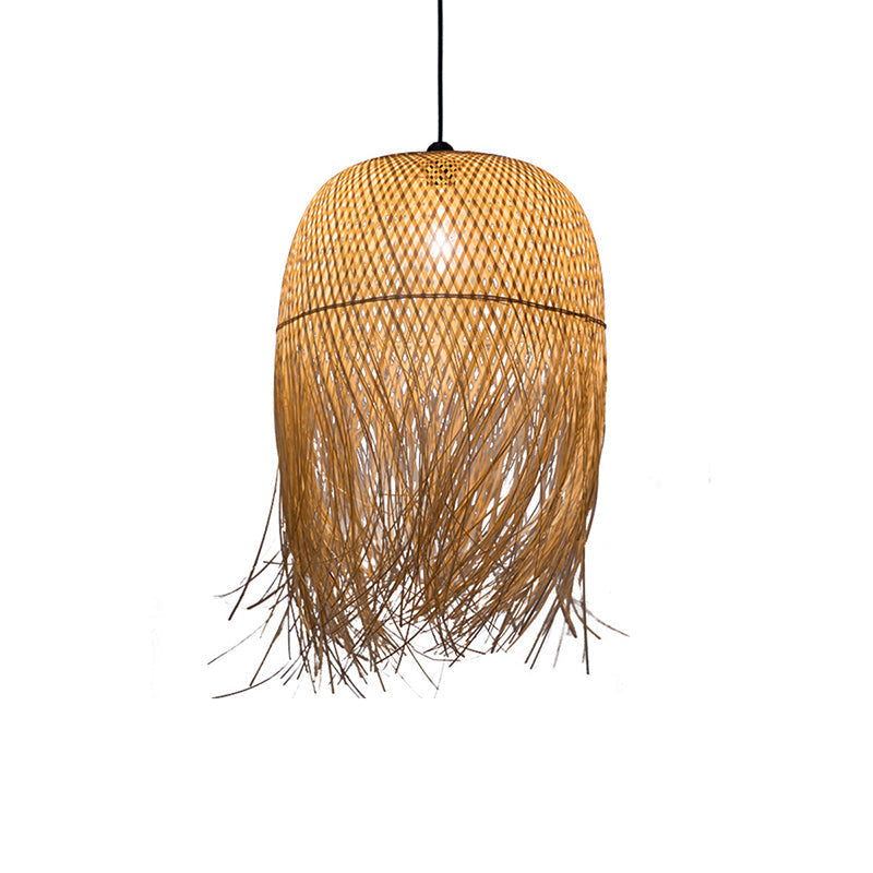 Asian Style Bamboo Fringed Bell Ceiling Light - Wood Hanging Lighting Fixture