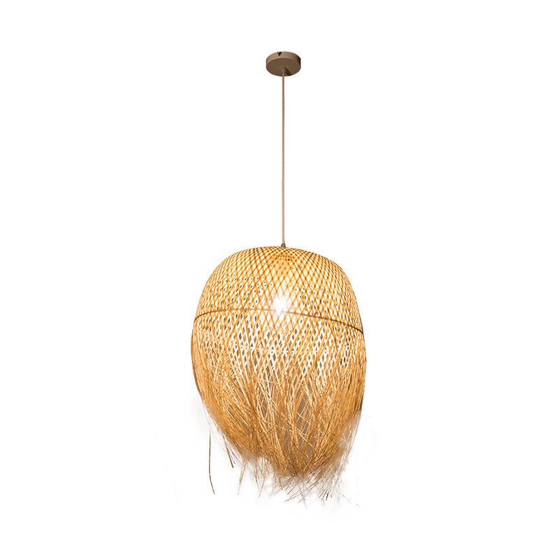 Asian Style Bamboo Fringed Bell Ceiling Light - Wood Hanging Lighting Fixture