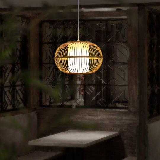 Modern Handwoven Bamboo Pendant Light For Restaurants - Single Wood Hanging Ceiling