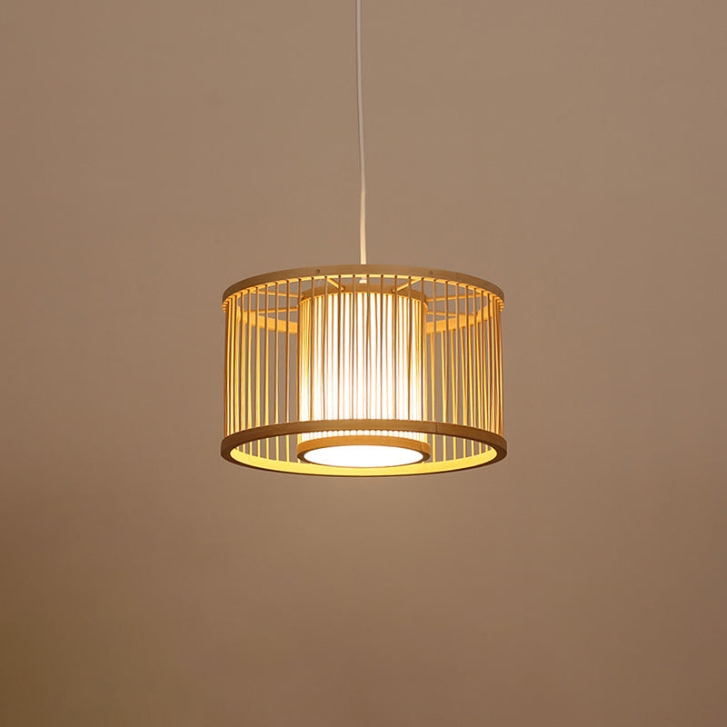 Modern Handwoven Bamboo Pendant Light For Restaurants - Single Wood Hanging Ceiling