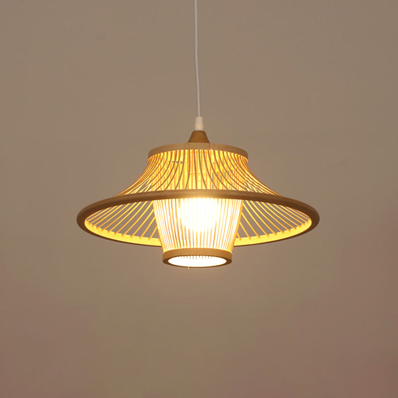 Modern Handwoven Bamboo Pendant Light For Restaurants - Single Wood Hanging Ceiling