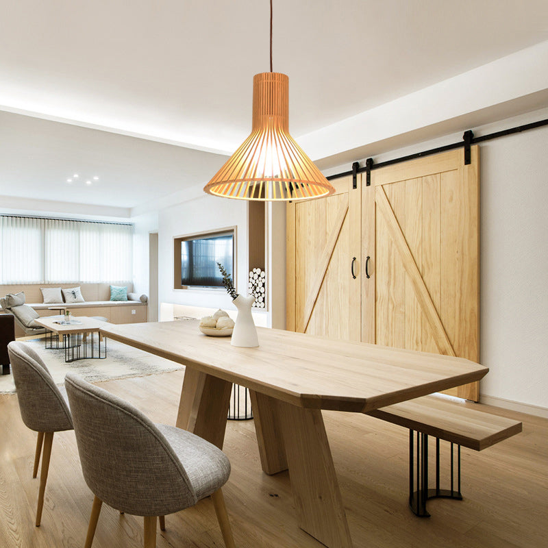 Modern Wooden Pendant Light Fixture For Dining Room - Single-Bulb Suspension Design