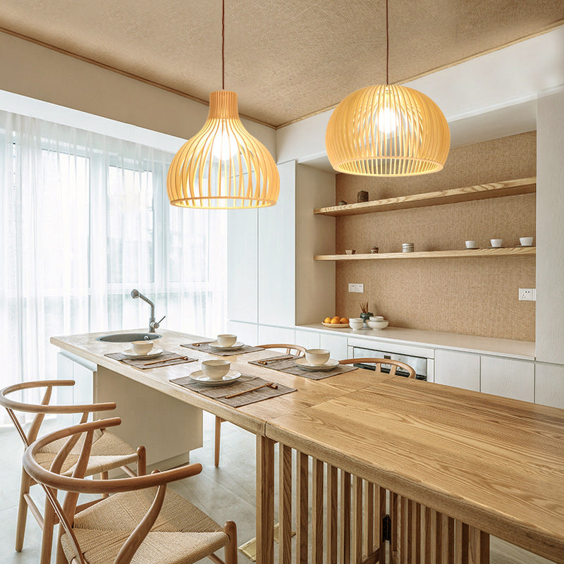 Modern Wooden Pendant Light Fixture For Dining Room - Single-Bulb Suspension Design