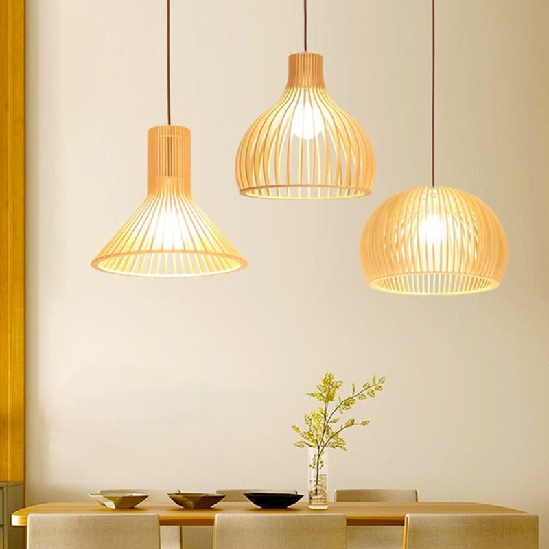 Modern Wooden Pendant Light Fixture For Dining Room - Single-Bulb Suspension Design