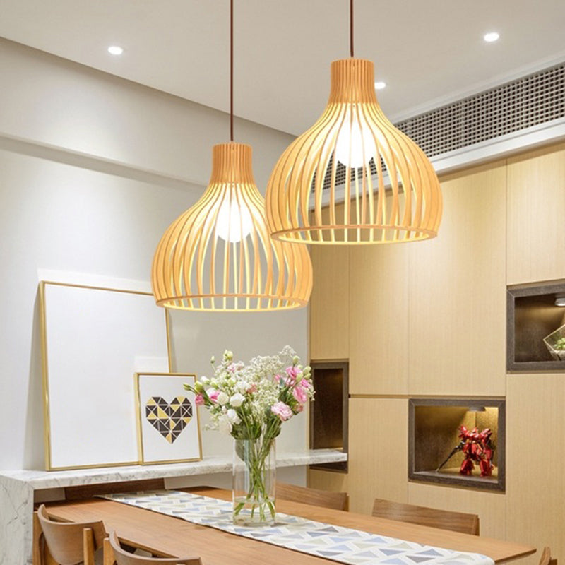 Modern Wooden Pendant Light Fixture For Dining Room - Single-Bulb Suspension Design