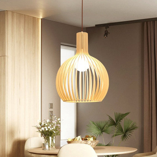 Modern Wooden Pendant Light Fixture For Dining Room - Single-Bulb Suspension Design