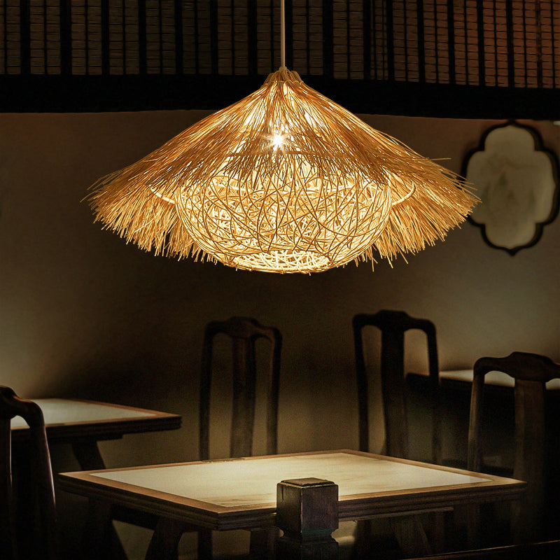 Wooden Minimalist Rattan Cone Pendant Ceiling Light - Restaurant Use 1 Head