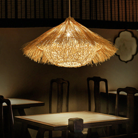 Wooden Minimalist Rattan Cone Pendant Ceiling Light - Restaurant Use 1 Head