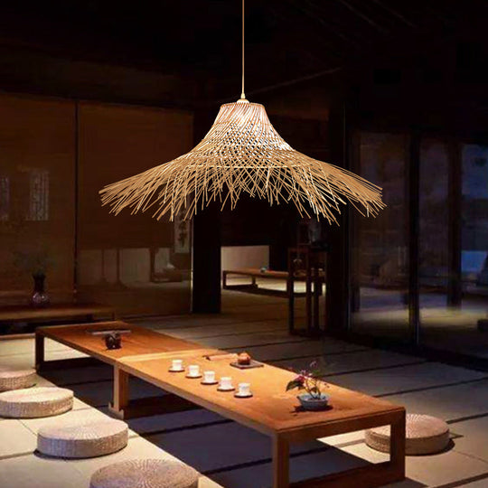 Modern Single Wood Pendant Light - Straw Hat Rattan Ceiling For Restaurants