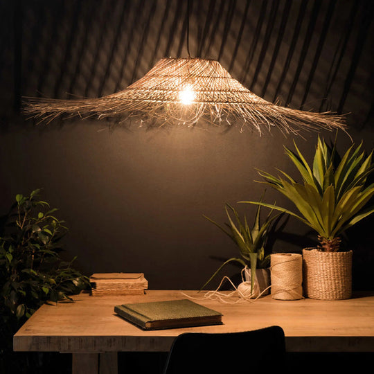 Modern Single Wood Pendant Light - Straw Hat Rattan Ceiling For Restaurants