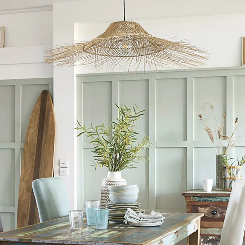 Modern Single Wood Pendant Light - Straw Hat Rattan Ceiling For Restaurants