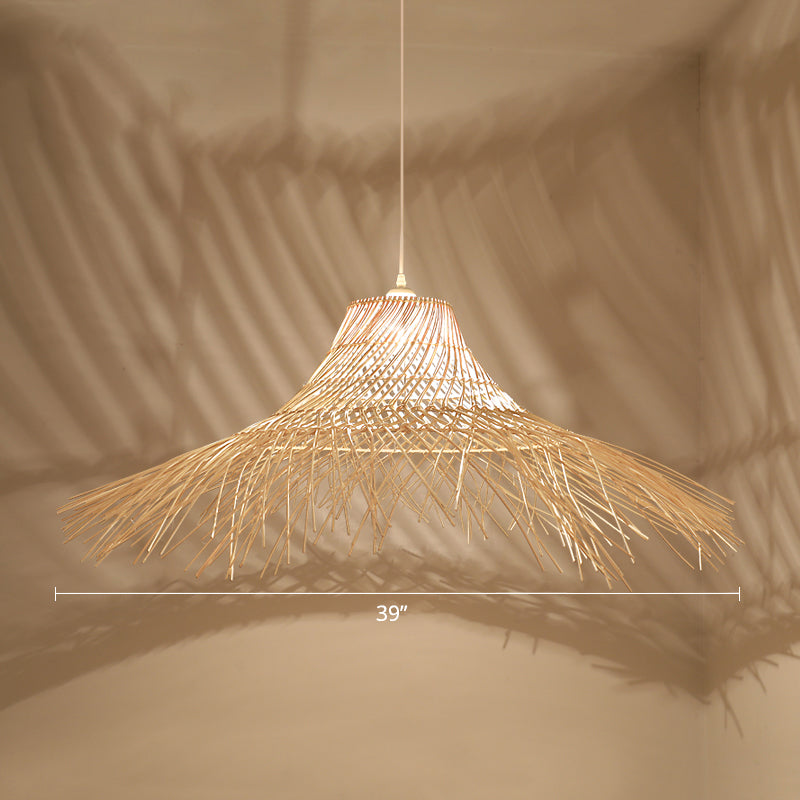 Modern Single Wood Pendant Light - Straw Hat Rattan Ceiling For Restaurants