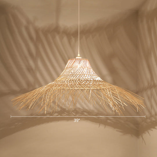 Modern Single Wood Pendant Light - Straw Hat Rattan Ceiling For Restaurants