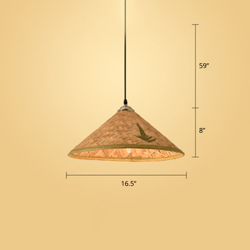 Contemporary Bamboo Pendant Light With Hat Shape: Single-Bulb Wood Suspension Fixture / C