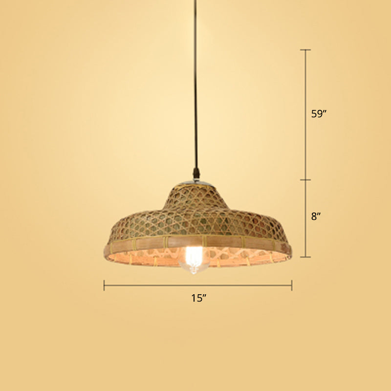 Contemporary Bamboo Pendant Light With Hat Shape: Single-Bulb Wood Suspension Fixture