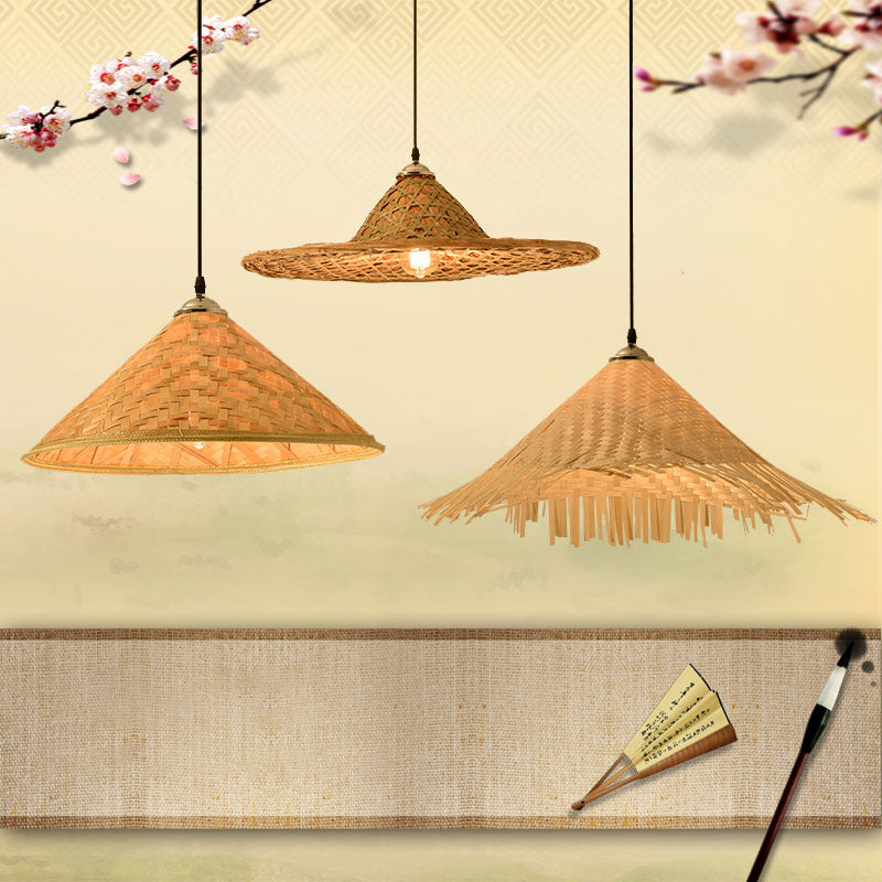 Contemporary Bamboo Pendant Light With Hat Shape: Single-Bulb Wood Suspension Fixture