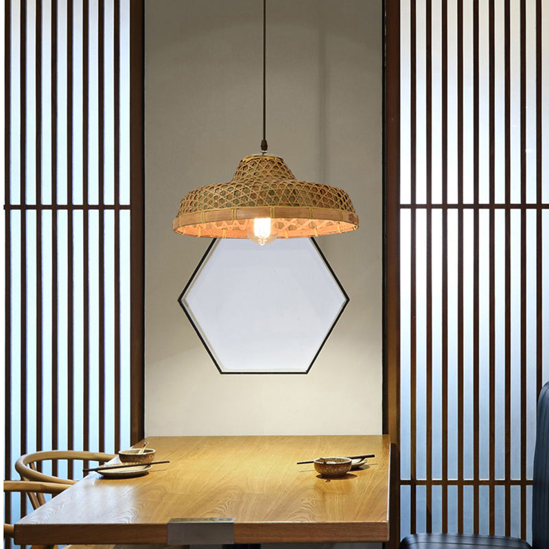 Contemporary Bamboo Pendant Light With Hat Shape: Single-Bulb Wood Suspension Fixture