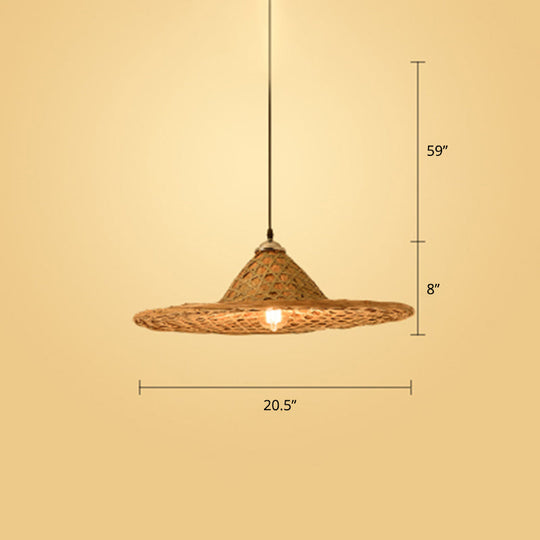 Contemporary Bamboo Pendant Light With Hat Shape: Single-Bulb Wood Suspension Fixture