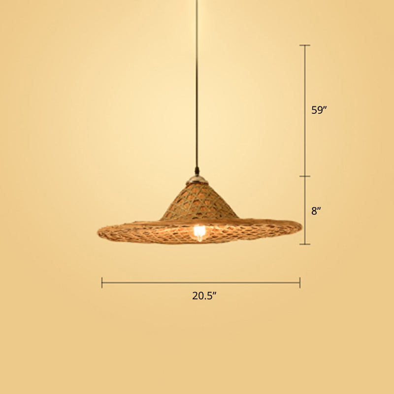 Contemporary Bamboo Pendant Light With Hat Shape: Single-Bulb Wood Suspension Fixture / D