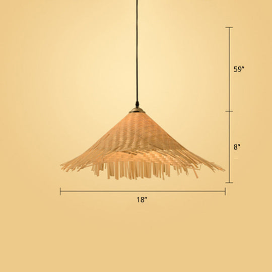 Contemporary Bamboo Pendant Light With Hat Shape: Single-Bulb Wood Suspension Fixture