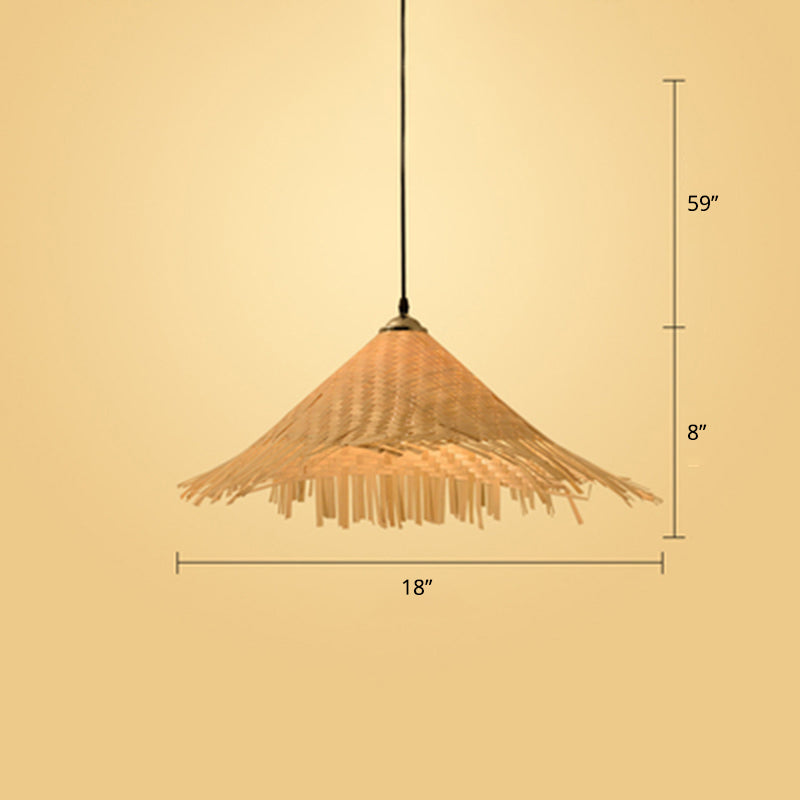 Contemporary Bamboo Pendant Light With Hat Shape: Single-Bulb Wood Suspension Fixture / A