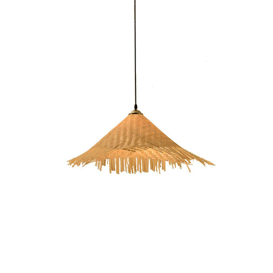 Contemporary Bamboo Pendant Light With Hat Shape: Single-Bulb Wood Suspension Fixture